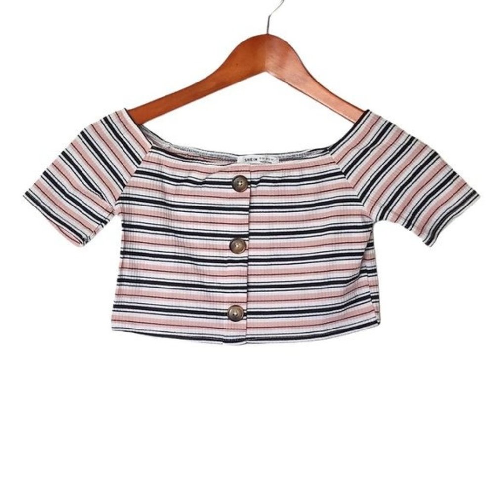 SHEIN Button Front Rib-knit Striped Bardot Top